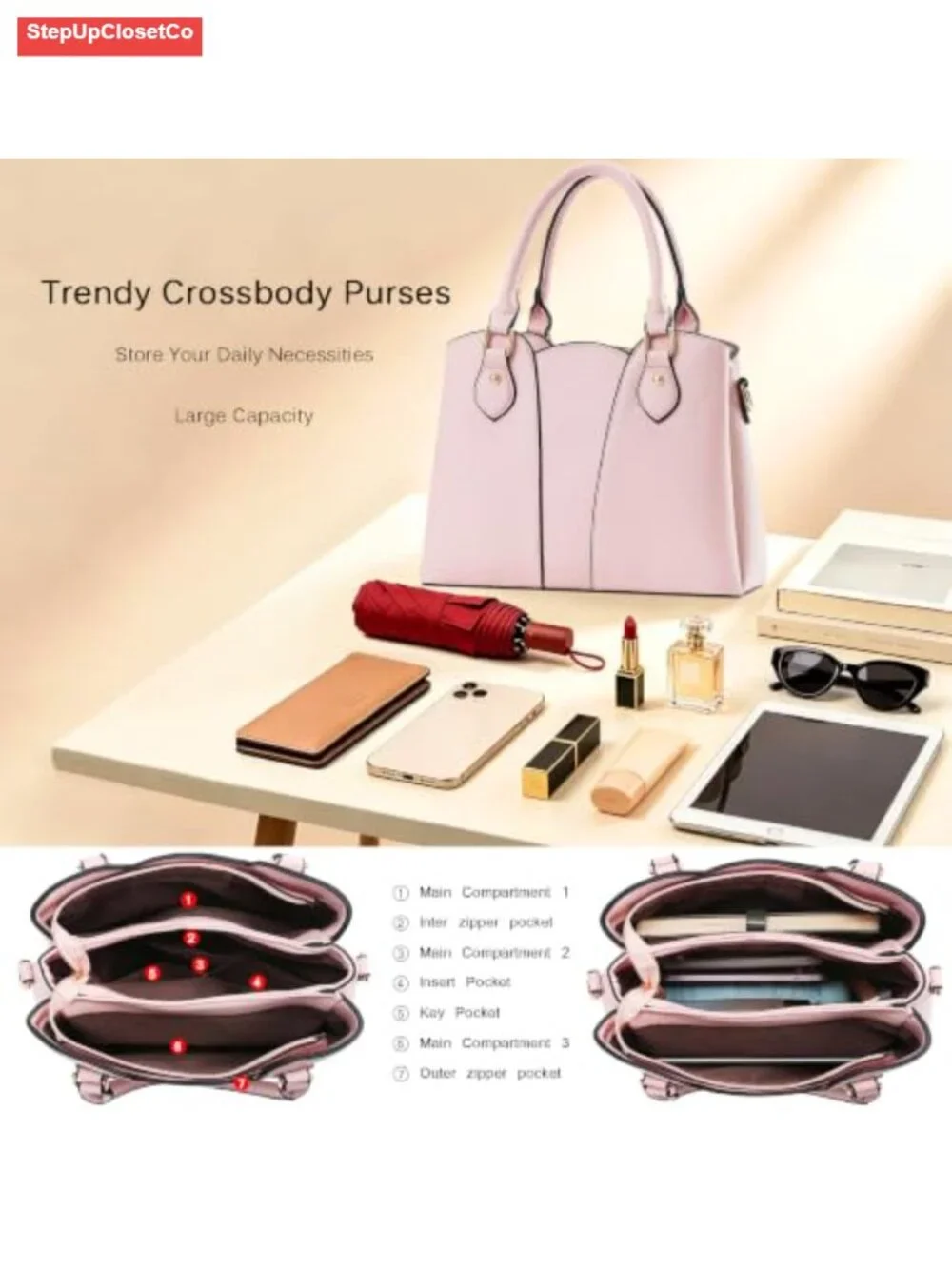 Vegan Leather Crossbody Satchel Purse for Women Top-handle Tote with Zipper